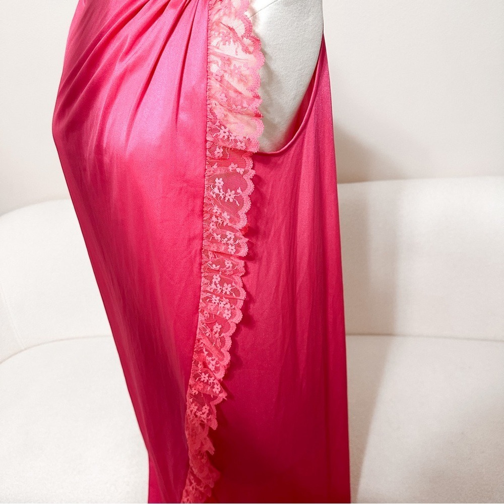 Vtg 80s Pink Coquette Satin Lace Maxi Lingerie Gown Ruffles Smocked - Picture 7 of 8